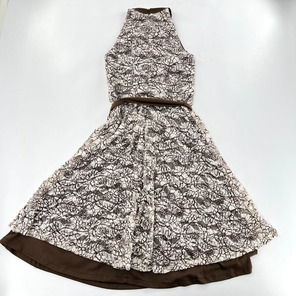 Joseph Ribkoff Dress Womens 6 White Brown Floral Fishnet Overlay Lined Waist Tie - Picture 3 of 5